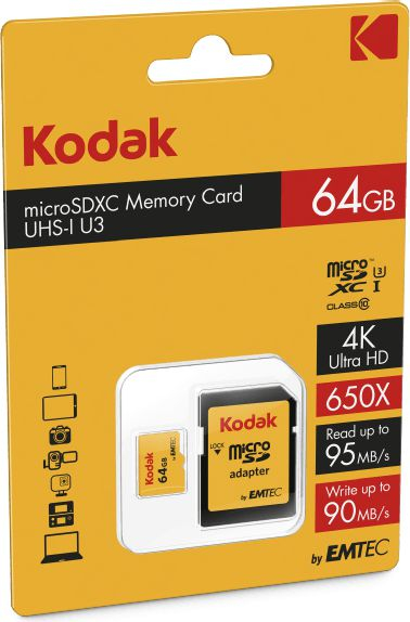 Kartë memorie Kodak MicroSD, 64GB, UHS I U3 V30, me adapter
