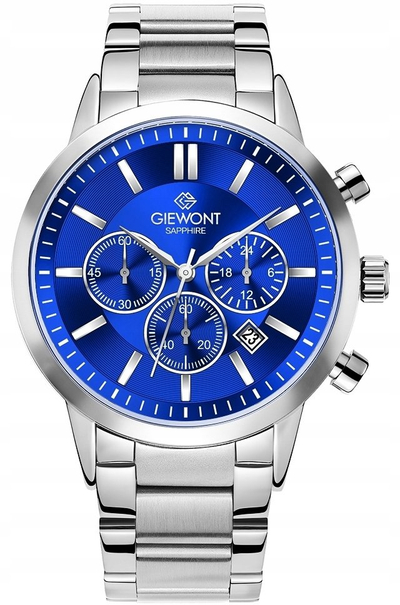 Orë burrash Giewont GW8510-B3, kronograf, xham safiri 44mm, argjendt me syteç blu