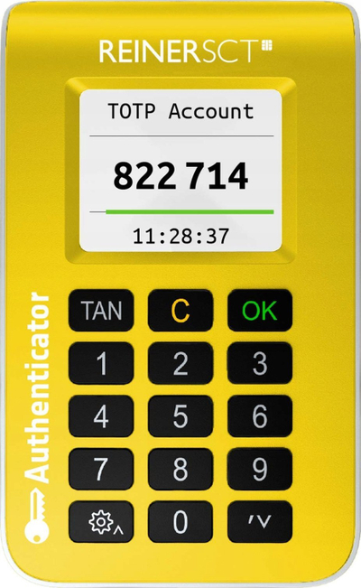 Lexues autentifikimi Reiner SCT Authenticator Reader, algoritme SHA-1 SHA-256 SHA-512, me bateri AAA, i bardhë i verdhë