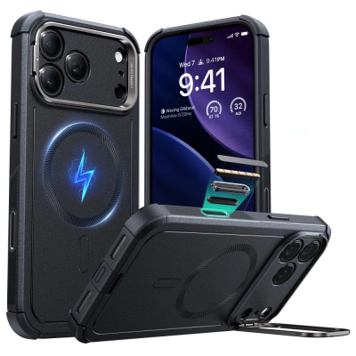 Kejs telefoni ESR Cyber Tough Magnetic për iPhone 17 Pro, me këmbë mbajtëse, magnetik, i zi
