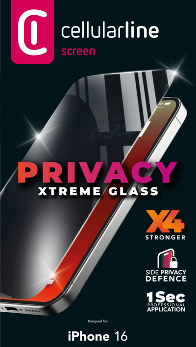 Заштитно стакло Cellularline Xtreme Glass Privacy, за iPhone 16, калено стакло, висока транспарентност