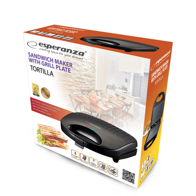 Toster sanduiçësh Esperanza Tortilla EKT009, 1000W, pllaka jo ngjitëse, i zi