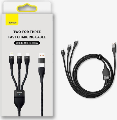Kabllo karikues Baseus Flash Series II, 3in1 USB C Lightning microUSB, 1.2m 100W, i zi