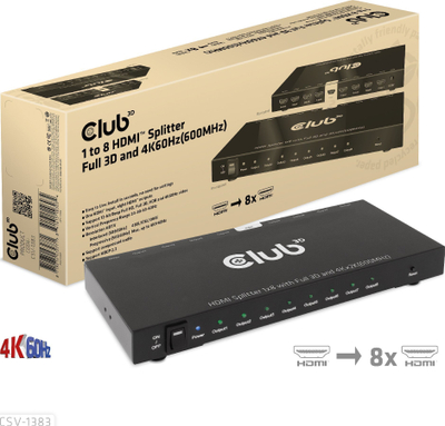 Ndarës video HDMI Club 3D CSV-1383, 1 me 8, 4K 60Hz, i zi