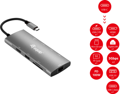 Адаптер USB-C Equip 133490, 9 во 1, HDMI 4K 60Hz, гигабит LAN, сива