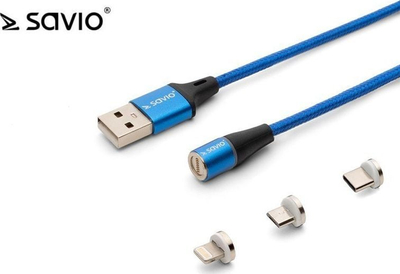 Kabllo USB Savio CL-157, USB A në USB C Micro USB Lightning, 2 m, magnetike, blu