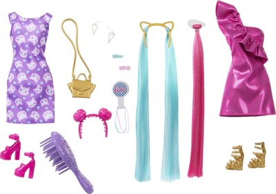 Kukull Barbie Fun and Fancy Hair JDC85, flokë shumë të gjatë biond me ngjyra, fustan roz rozë me shkëlqim