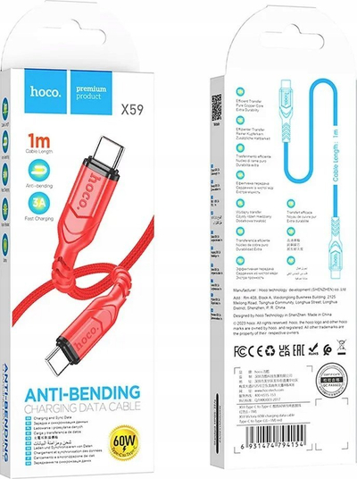 Kabllo USB Type C në Type C Hoco X59, 60W PD, 1m, e kuqe