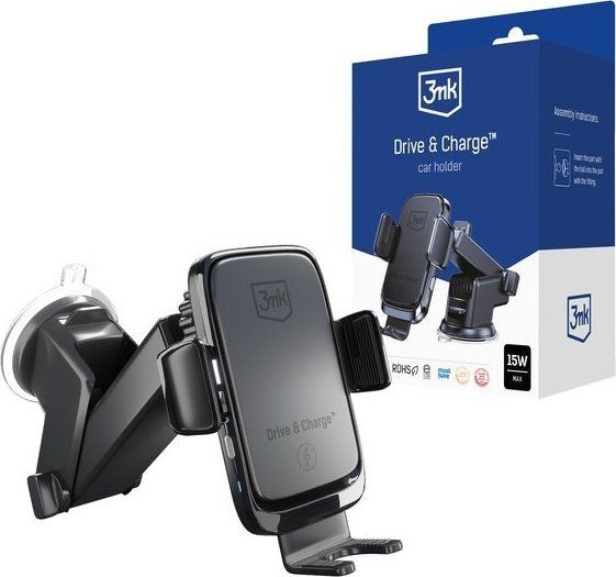 Mbajtës telefoni për veturë 3MK Drive & Charge, karikim wireless 15W, montim në grilë dhe xham, i zi