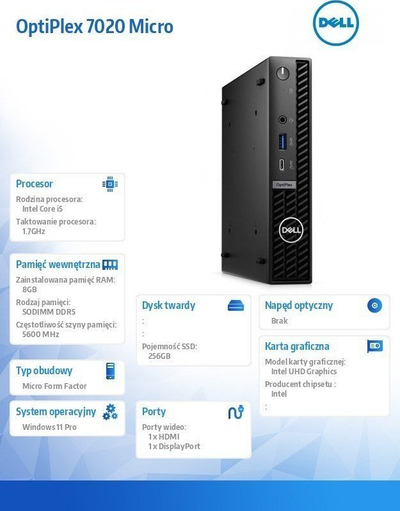 Kompjuter Mini Dell Computer OptiPlex 7020 Intel Core i5 i5-14500T 8GB DDR5-SDRAM 256GB SSD Windows 11 Pro MFF Mini PC, i zi