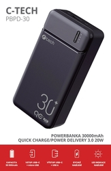 Power Bank C-tech PBPD-30, 30000mAh, QC/PD 3.0, e zezë