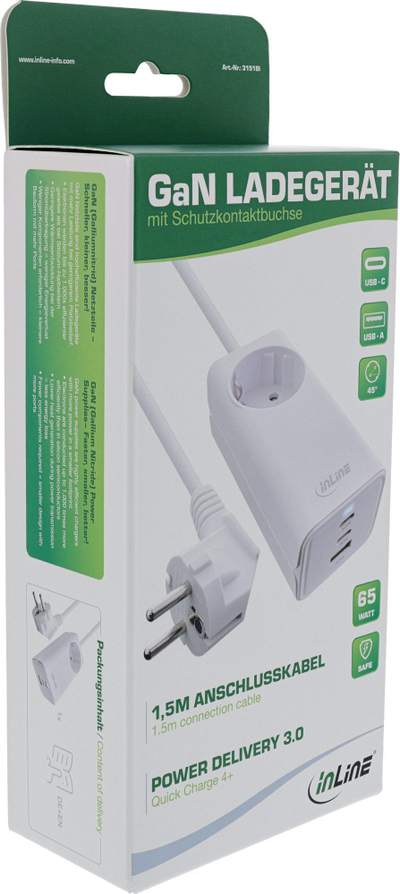 Karikues muret InLine GaN 65W, 2x USB C, 1x USB A, prizë 230V, i bardhë