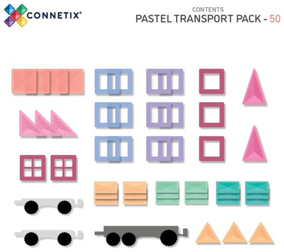 Lodër magnetike Connetix Pastel Transport Pack, 50 pjesë, pllaka magnetike, shumëngjyrëshe pastel