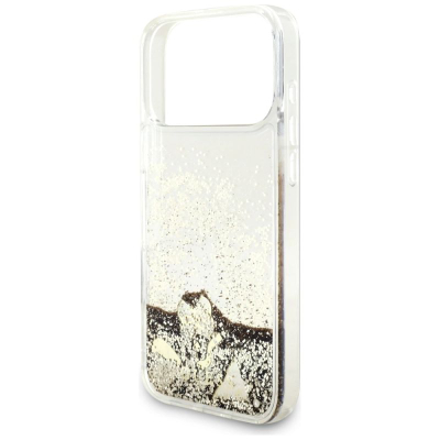 Mbrojtëse telefoni Guess Liquid Glitter Charms GUHCP17XGLHFLGO, për iPhone 17 Pro Max, e tejdukshme, ngjyrë gold