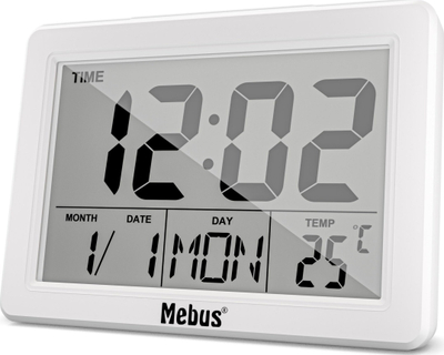 Orë alarmi digjitale Mebus 25738, format 12/24h, me termometër, e bardhë