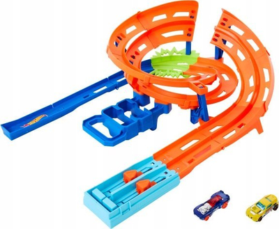 Set pistash garash Hot Wheels Whip Around Raceway, 2 makina 1:64, paloset për me e fut kollaj, shumëngjyrësh