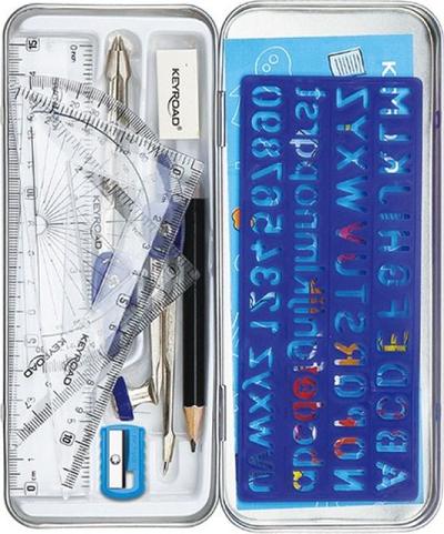 Set matematikor Keyroad me 11 pjesë, kuti metalike, shumëngjyrësh