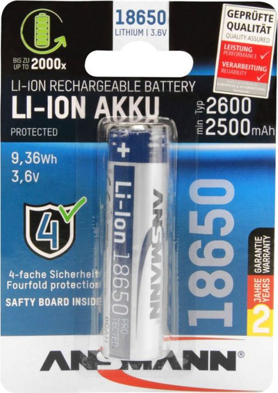 Полначлива батерија Ansmann 18650, 2500mAh, 1 парче