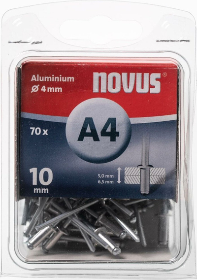Riveta të verbër Novus A4, alumin 4x10 mm, 70 copë, ngjyrë argjendi