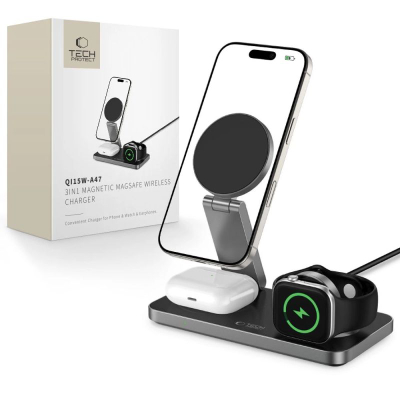 Бежичен полнач 3 во 1 Tech-Protect QI15W-A47, MagSafe, 15W, црн