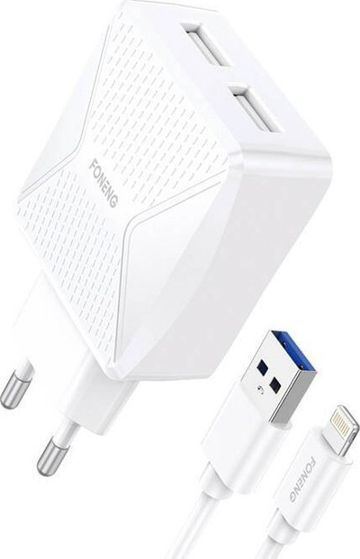 Karikues muri Foneng EU35, 2 porta USB 2.4A, me kabllo Lightning, i bardhë