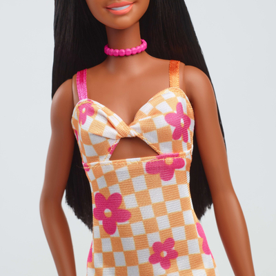 Kukull Barbie Fashionistas me fustan me katrore dhe lule, 30cm, për kalamaj 3+