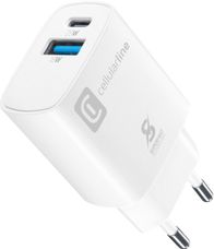 Karikues udhëtimi Cellularline Dual Port, PD 25W, USB-C dhe USB-A, i bardhë