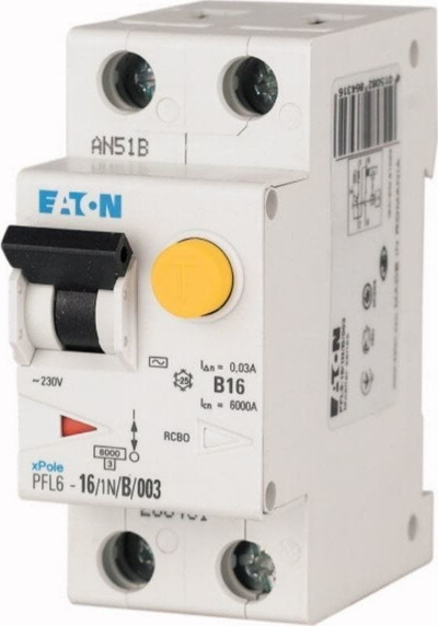 Ndërprerës diferencial me mbrojtje mbi rrymë Eaton PFL6-16/1N/B/03, 16A, 0.3A AC, 1P+N