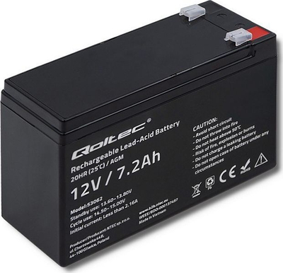 Bateri AGM Qoltec 53062, 12V, 7.2Ah, ngjyrë e zezë