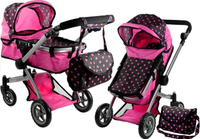 Karrocë lodër për kukulla Lean Toys Alice, 2 në 1, dorezë e rregullueshme, rozë me pika të zeza