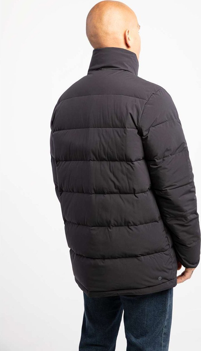Xhaketë dimri Adidas Helionic Mid-Length Down për burra, me pupla, material që s’e merr uji, e zezë