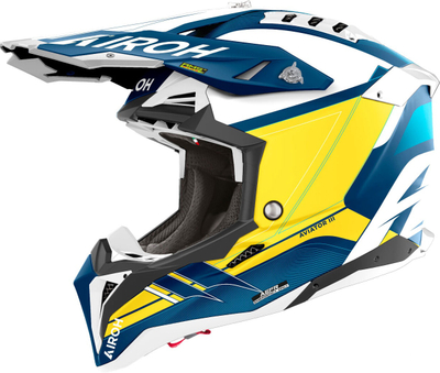 Helmetë motocross Airoh Aviator 3 Saber, madhësia M, bardh e kaltër e verdhë