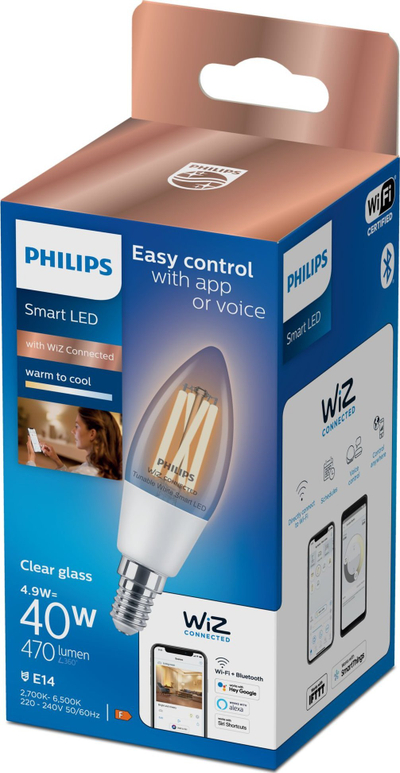 Llampë e zgjuar LED Philips WiZ C35, 4.9W 470lm, E14, xham i tejdukshëm