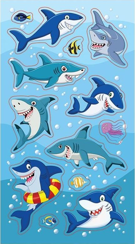 Sticker ngjitës dekorativ Shark Stickers, set me peshkaqenë, shumëngjyrëshe