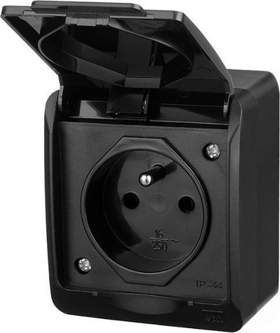 Prizë sipërfaqeje Elektro-Plast HERMES 0321-09, IP44, me tokë 2P+E, e zezë