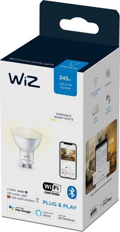 Llampë e zgjuar WiZ GU10, LED 4.9W 345lm, Wi‑Fi, dritë e ngrohtë 2700K