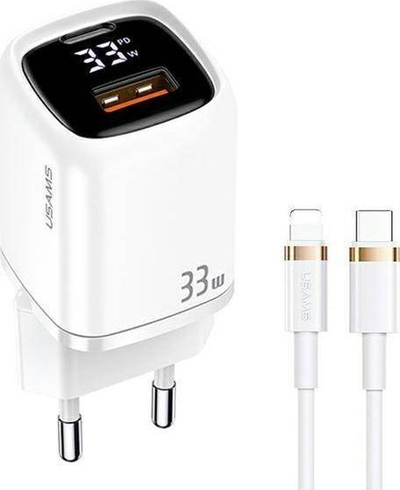 Karikues muri Usams T46, 33W PD3.0 QC3.0, 2 porta USB C edhe USB, me kabllo USB C në Lightning, i bardhë