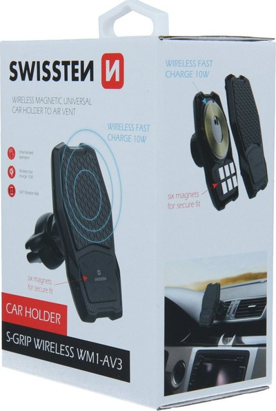 Mbajtës telefoni për makinë Swissten WM1 AV3, karikim wireless Qi, për grila ajrimi, i zi