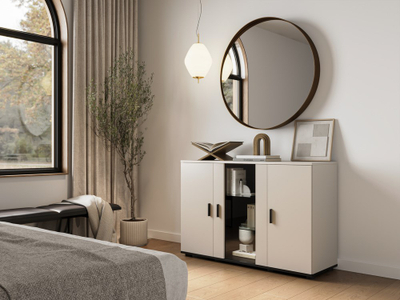 Komodë Cama Meble SOHO, 120x41x80 cm, 3 dyer, ngjyrë cashmere me detaje të zeza