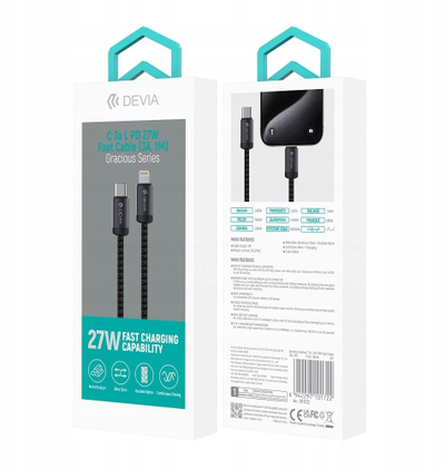 Kabllo karikimi Devia Gracious EC645 USB C në Lightning, 1m, 27W 3A, e zezë