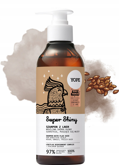 Shampo flokësh Yope Daily Heroes Super Shiny, për flokë të thatë, me fara liri