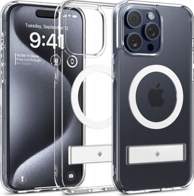 Maskë mbrojtëse Spigen Caseology Capella MagSafe Kickstand, për iPhone 15 Pro, me këmbë mbajtëse, transparente e bardhë