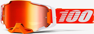 Syze motocross 100% Armega Regal, lente Ultra HD Red Mirror, kornizë portokalli e bardhë