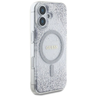Mbulesë telefoni Guess HC Resin Bottom Glitter MagSafe për iPhone 16 6.1", transparente, argjendtë