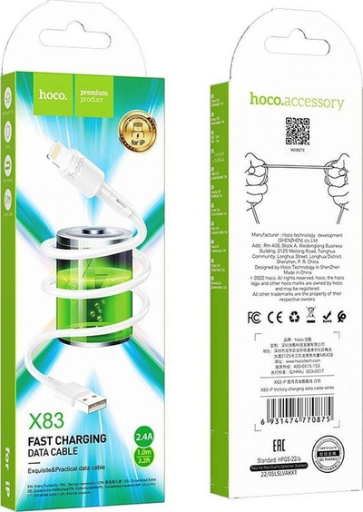 Kabllo Hoco X83 USB A në Lightning, 1 m, 2.4A, e bardhë