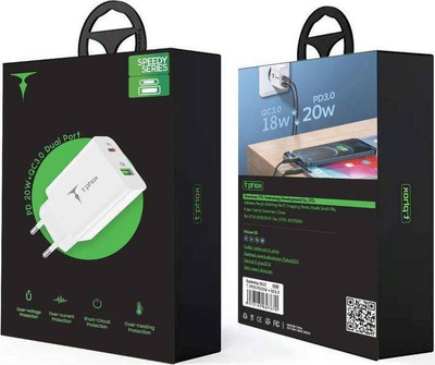 Karikues muror T-Phox Speedy Charger, 1x USB-A, 1x USB-C 20W, i bardhë