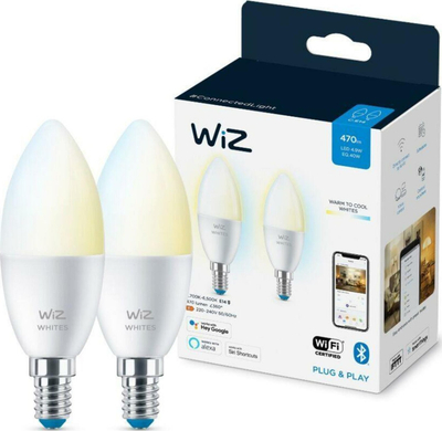 Llambë e zgjuar WiZ Candle C37 E14, 4.9W, 470 lm, dritë e bardhë nga e ngrohtë në të ftohtë, set me 2 copë