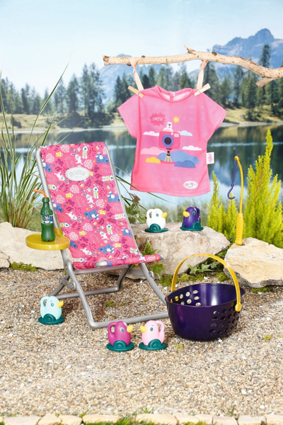 Set aksesorësh për kuklla BABY born Weekend Fishing, për 36cm dhe 43cm, me karrige edhe fustan, rozë