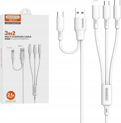 Кабел за полнење Somostel 3in1 Powerline, USB во Type C Lightning Micro USB, 1.2m, бел