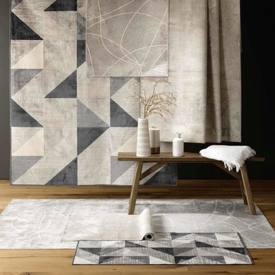 Tapet Woven Viscose Graphic, 68 x 110 cm, me figura gjeometrike, gri bezhë